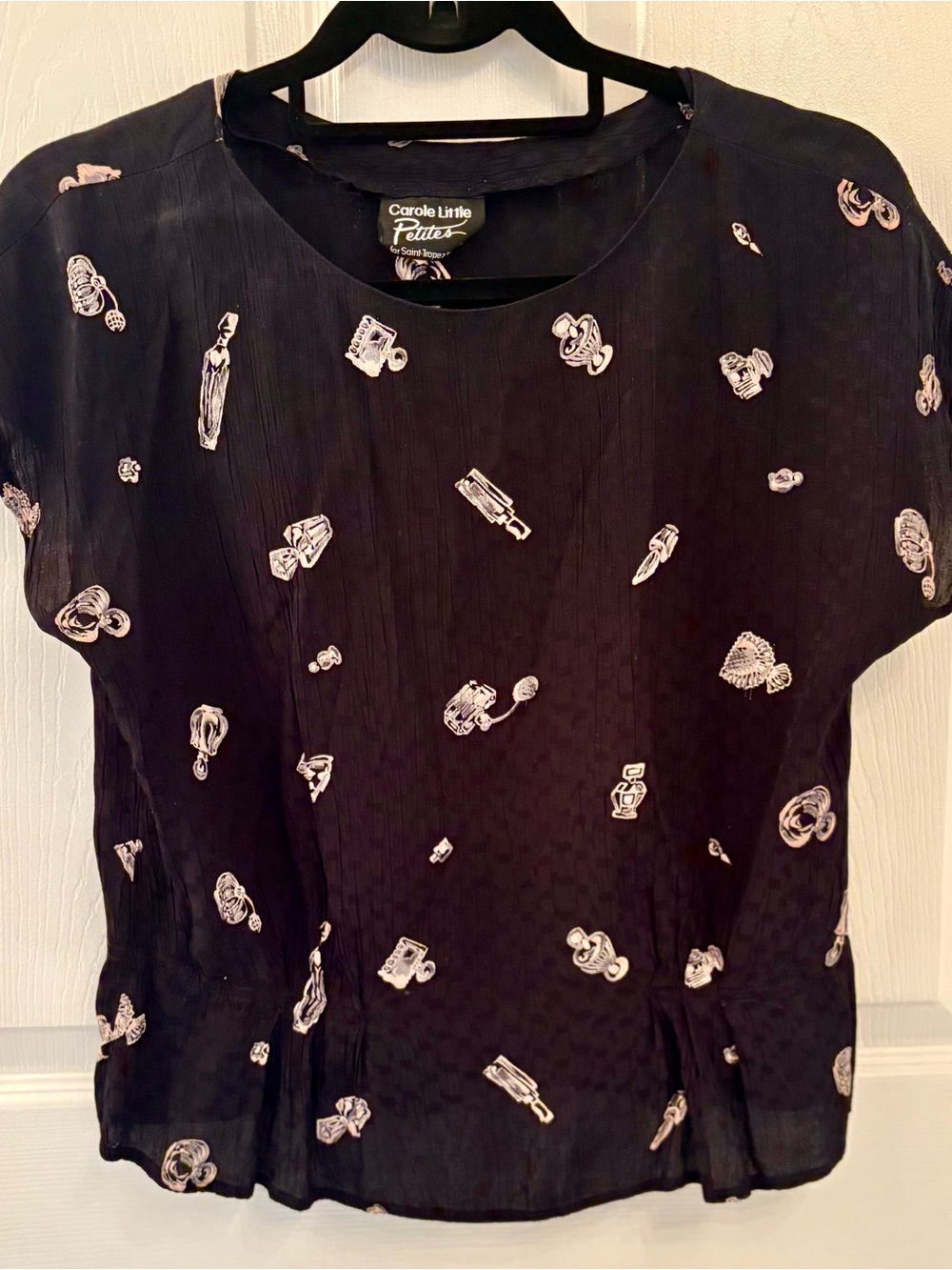 Vintage Carole Little Petites Short-Sleeve Printed Perfume Bottle Pintuck Blouse